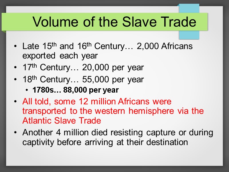 Volume of the Slave Trade Late 15th and 16th Century… 2,000 Africans exported each